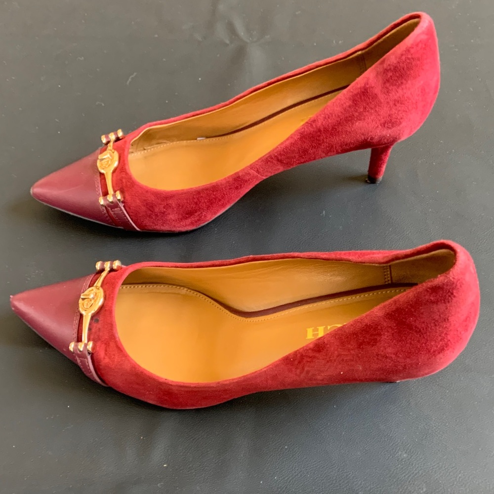 Coach Burgundy Suede Kitten Heels Gold Horsebit Pointed Toe 8B - Picture 2 of 8